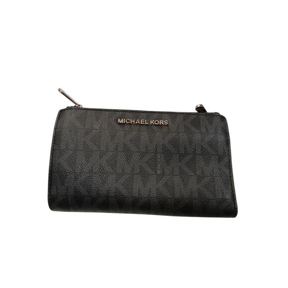 Michael Kors Jet Set Wallet Phone Double Zip Black Leather Wristlet - Picture 1 of 6